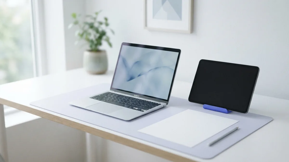 Tools for adding PDF annotations Laptop and tablet on a bright desk for adding PDF annotations