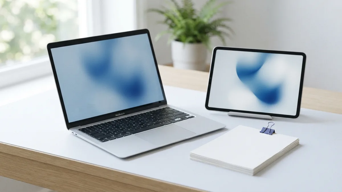 Laptop and tablet beside blank papers for saving annotated PDFs