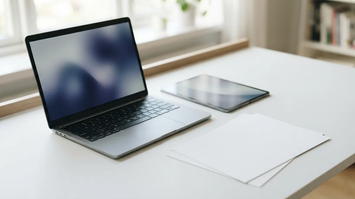 Laptop and blank documents arranged for online PDF page merging