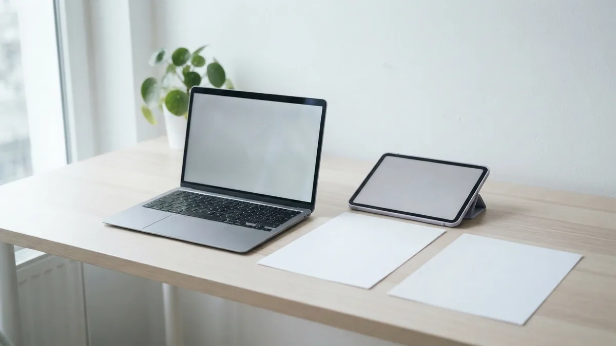 Mac desk setup with blank sheets for managing PDF pages