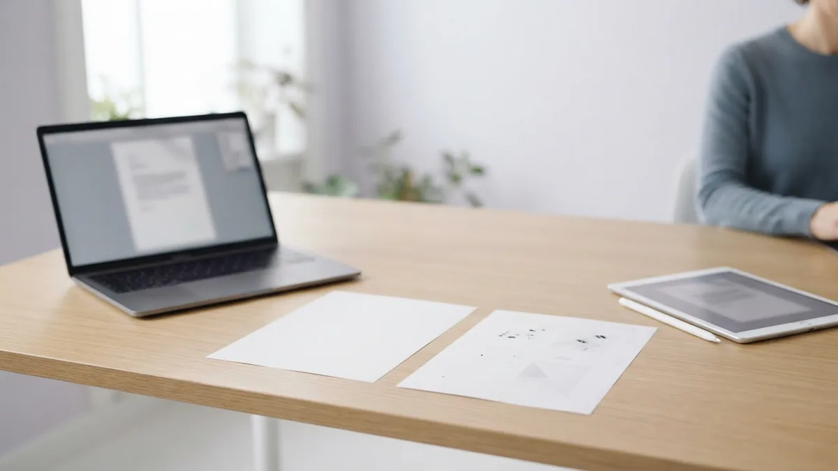 Laptop, tablet, and blank papers arranged for choosing a PDF workflow