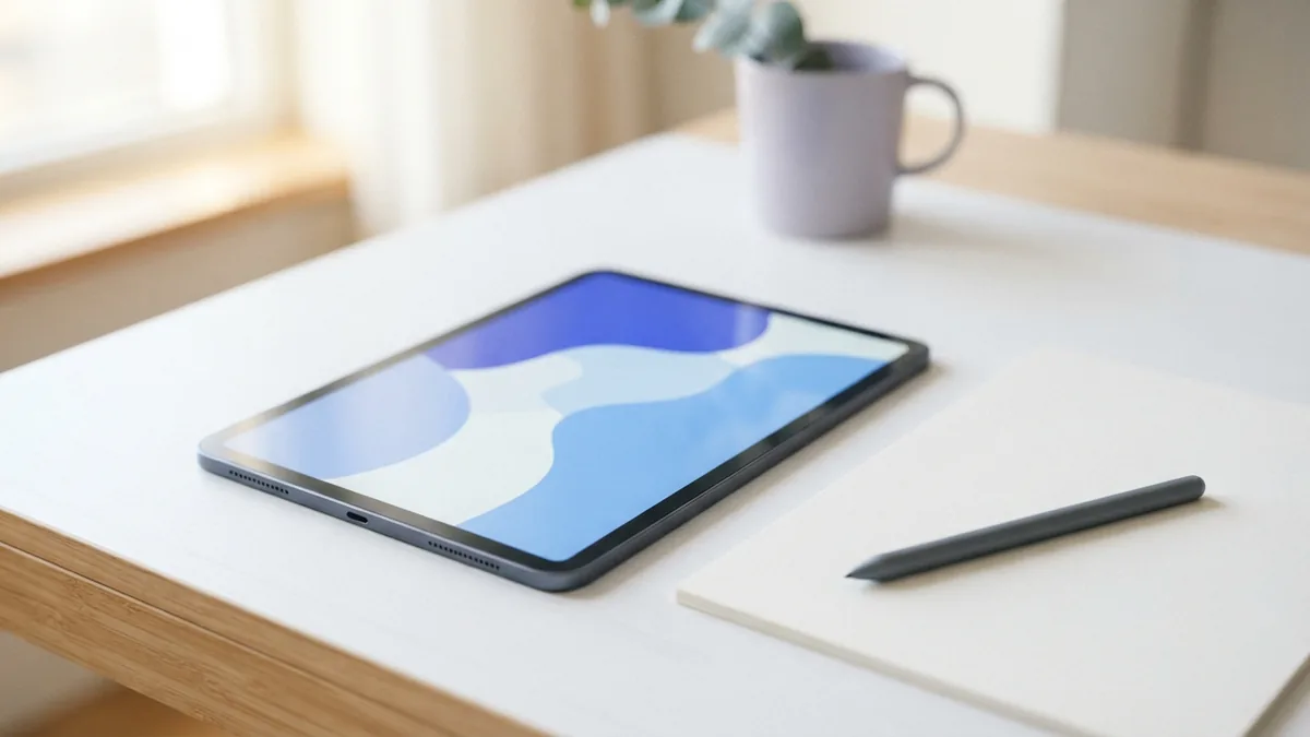Tools for drawing a line on a PDF Tablet, stylus, and blank paper arranged for drawing annotations on a PDF