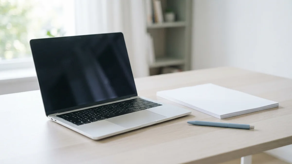 A simple setup for online PDF editing Laptop and blank papers on a bright desk for online PDF editing