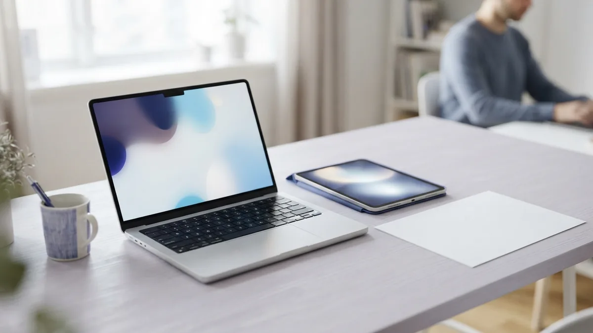 Planning a portfolio project layout Laptop and tablet beside a blank document for planning an online portfolio