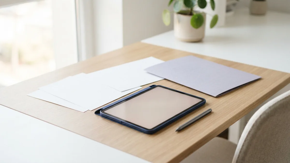 Organising digital work samples Tablet and blank papers showing the value of organised digital work samples