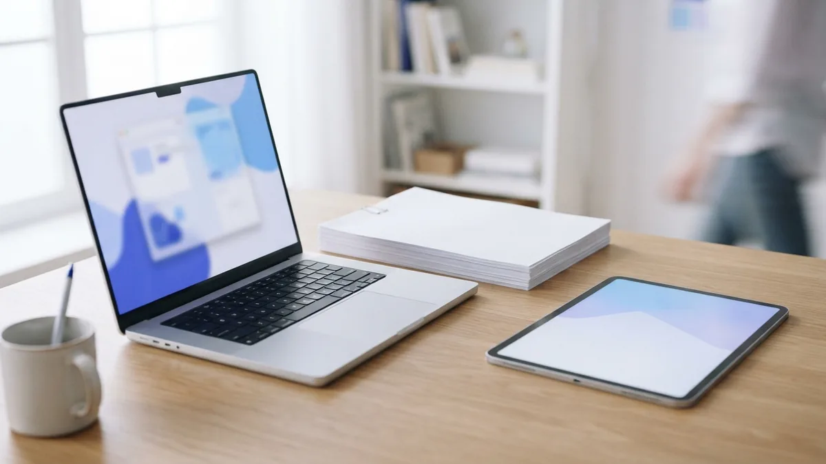 Adding a document to a portfolio Laptop, tablet, and blank documents arranged for adding a portfolio file