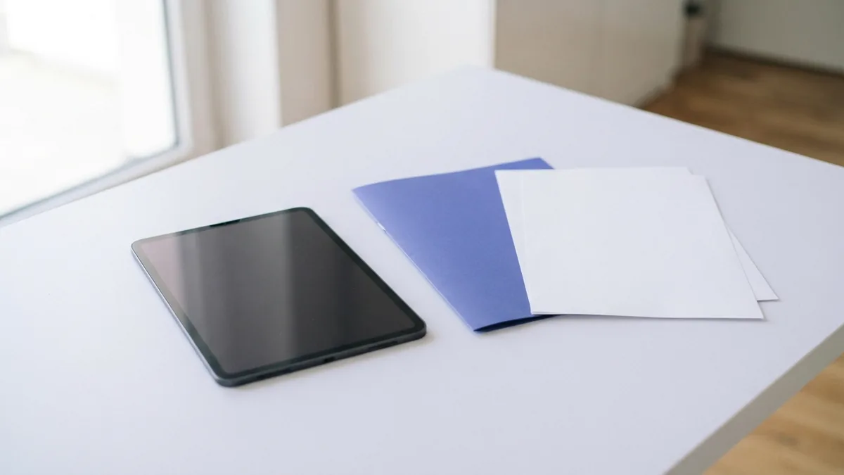 Checking a polished portfolio PDF Neat desk with tablet and blank papers for checking a polished PDF file