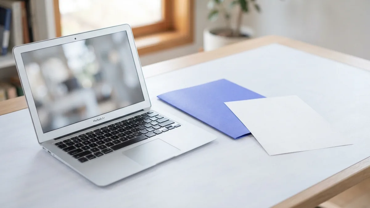 Laptop and blank paper on a tidy desk before installing a PDF printer