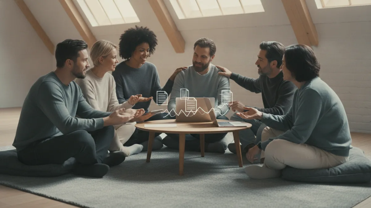 Peer support that helps Peers seated in a circle offering support during a recovery discussion