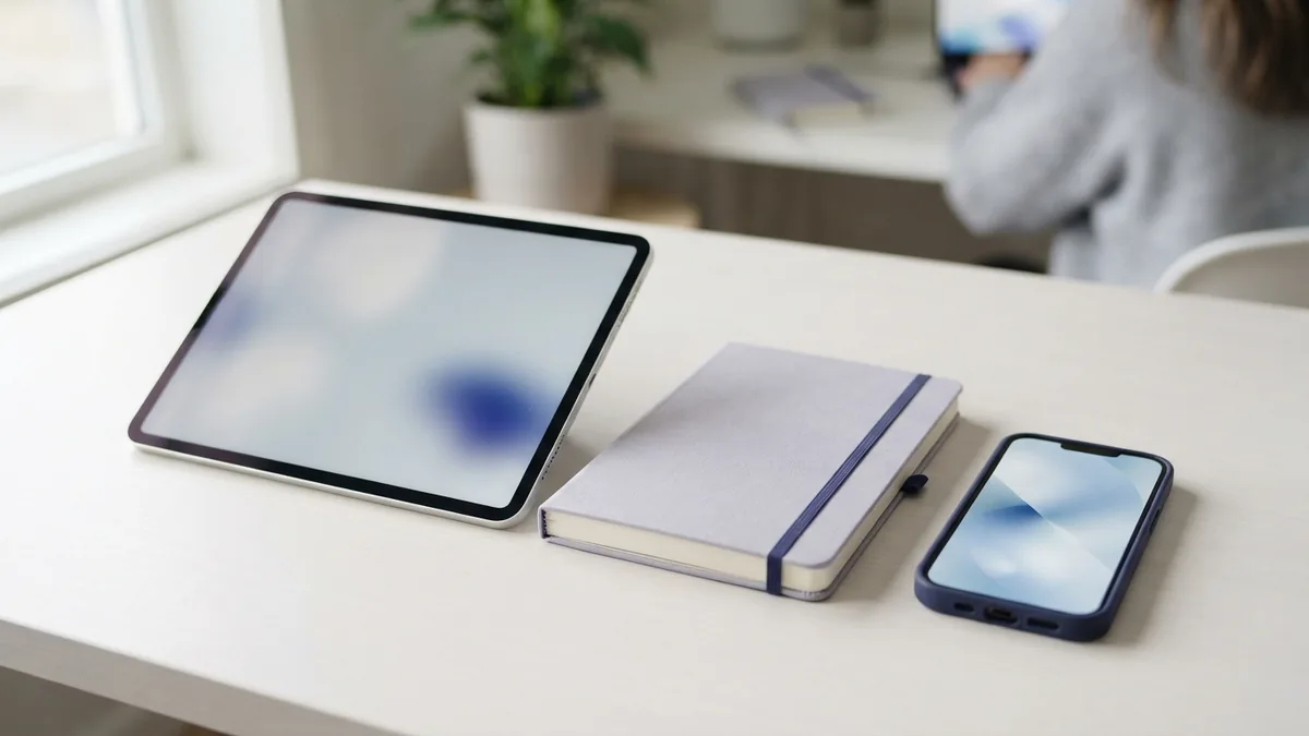 Tablet, phone, and blank notebook ready for a new Android project