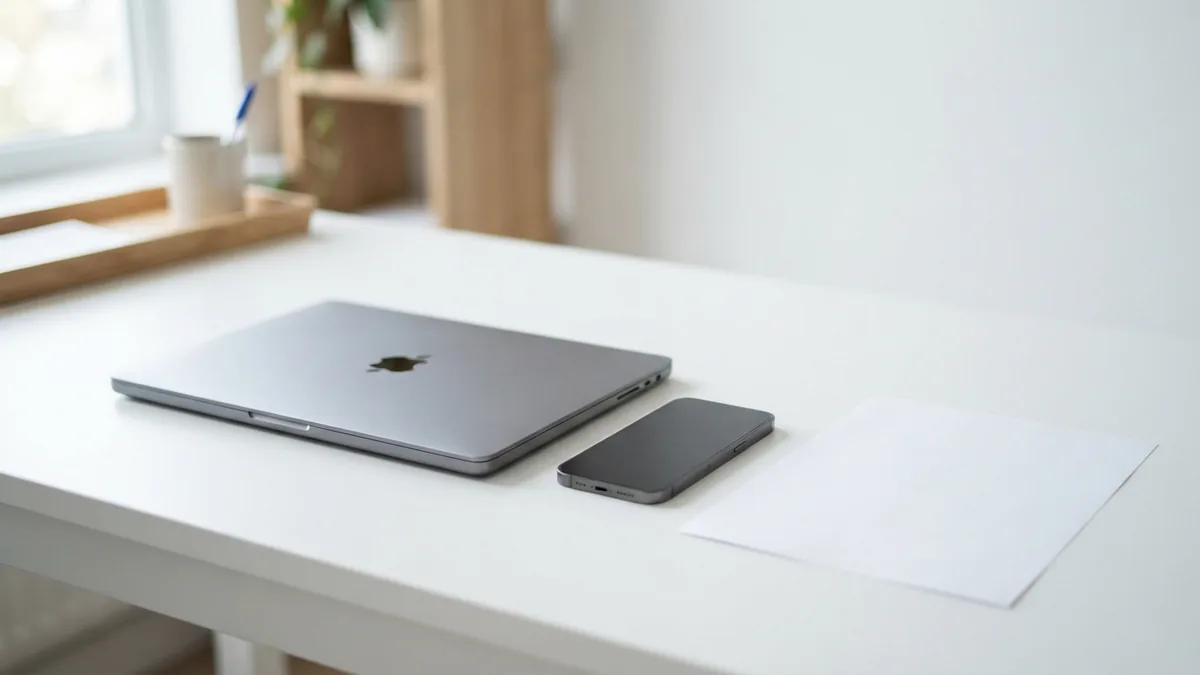 Sketching a simple app screen Phone and laptop beside blank paper while planning an app screen
