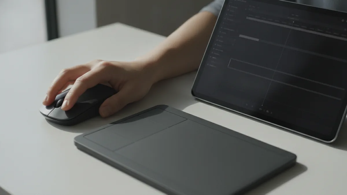 Mouse and trackpad beside a tablet showing an editing workflow concept