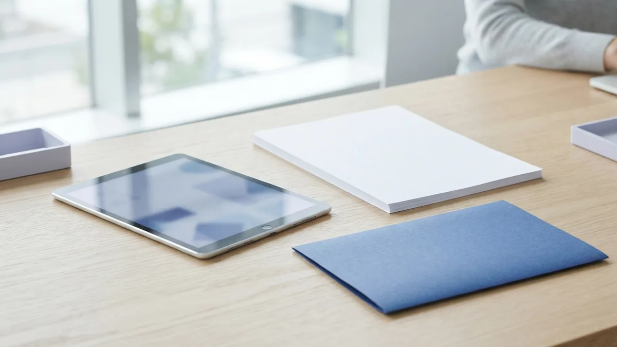 Tablet and blank pages arranged for turning a blog post into a PDF file