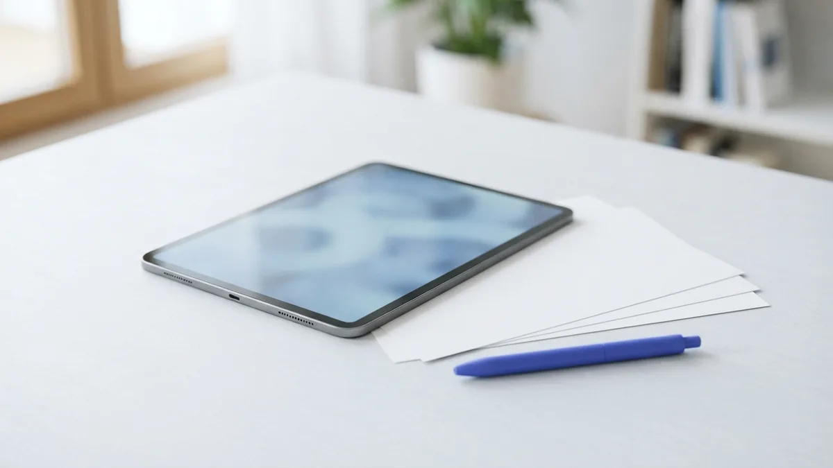 Tablet beside blank pages showing a clean, reader-friendly PDF layout concept