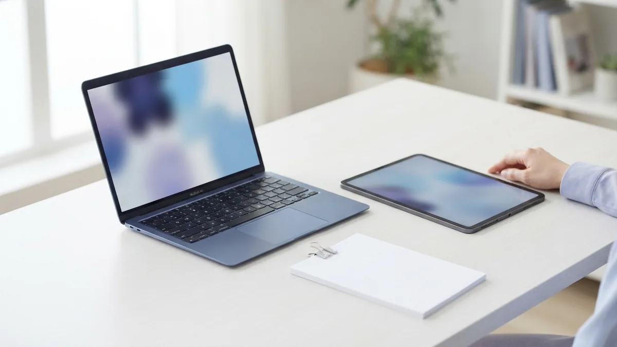 Laptop, tablet, and blank paper on a desk beside tools for making a book PDF