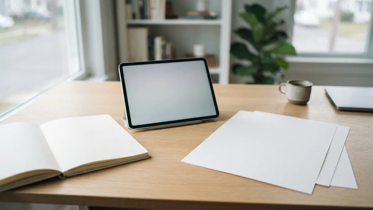 Blank book pages and a tablet arranged for building and checking a PDF book