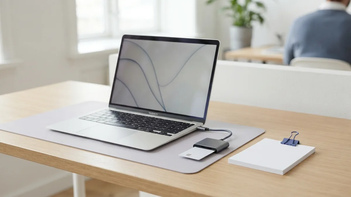 CAC hardware and software Laptop and USB card reader arranged beside a smart card on a clean desk