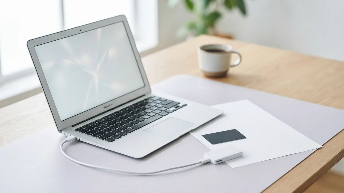 Laptop and smart card beside a blank PDF document during signing setup