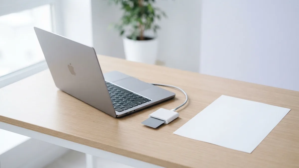 Smart card and USB reader beside a laptop for fixing CAC connection issues