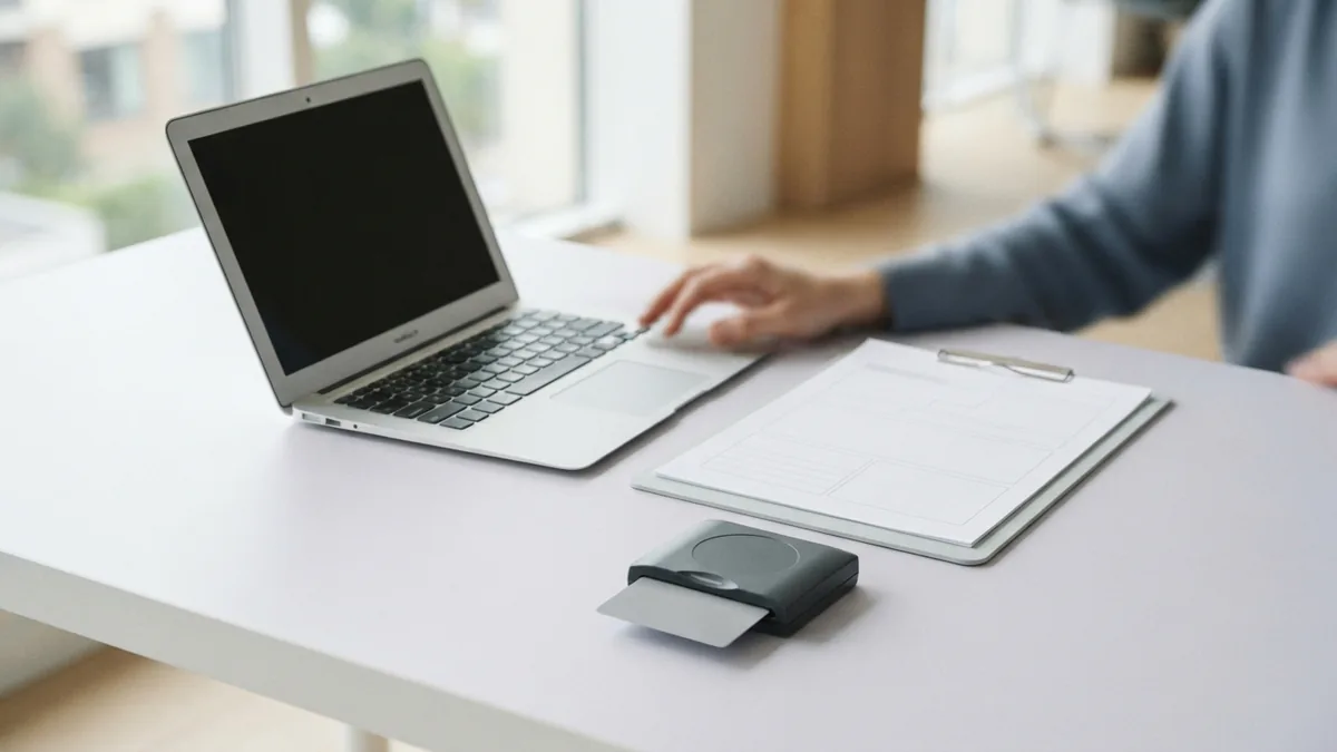 CAC signing setup with a blank form CAC card and reader beside a blank form and laptop during a PDF signing setup