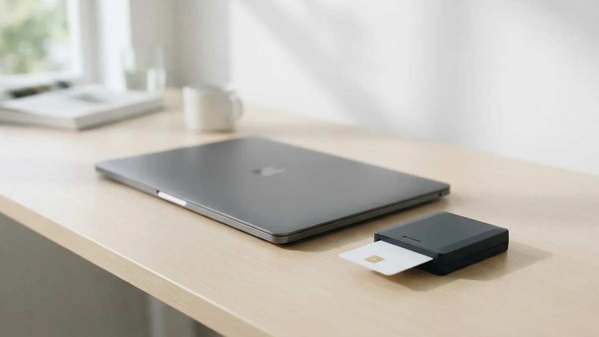 Smart card reader and CAC arranged beside a laptop while checking PDF signing equipment