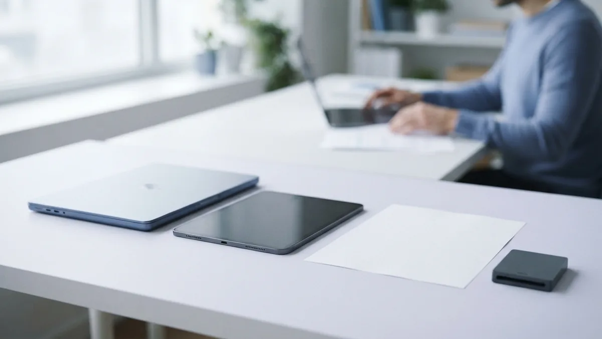 Laptop, tablet, blank paper, and CAC reader arranged for comparing computer signing setups
