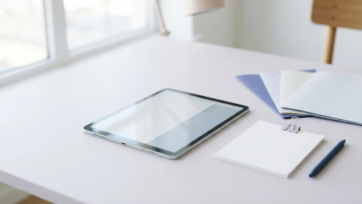 Tablet and blank papers on a pale desk for careful PDF design edits