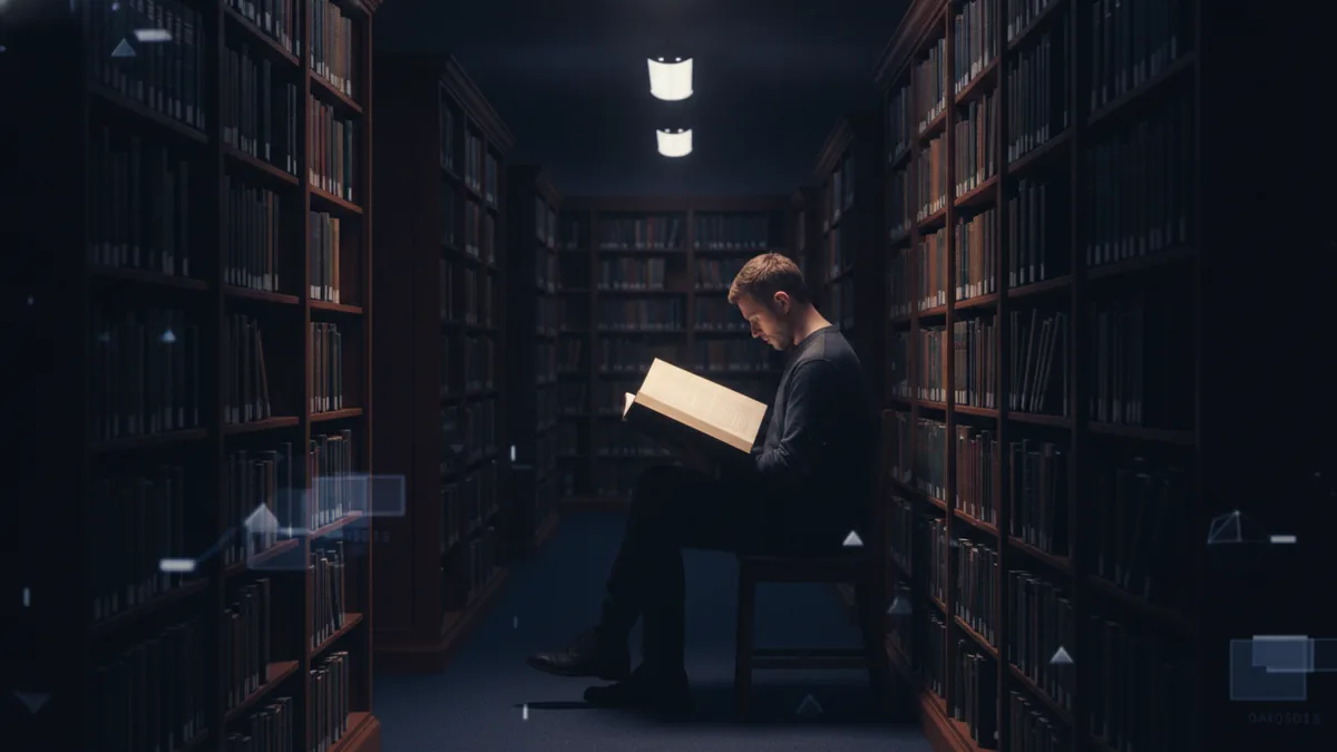 Focused reading in a library aisle with bookshelves fading into the background.