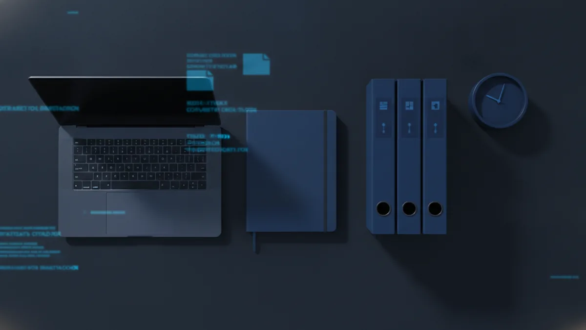 Organizing PDF download settings Laptop beside a settings notebook and organized folders for PDF downloads