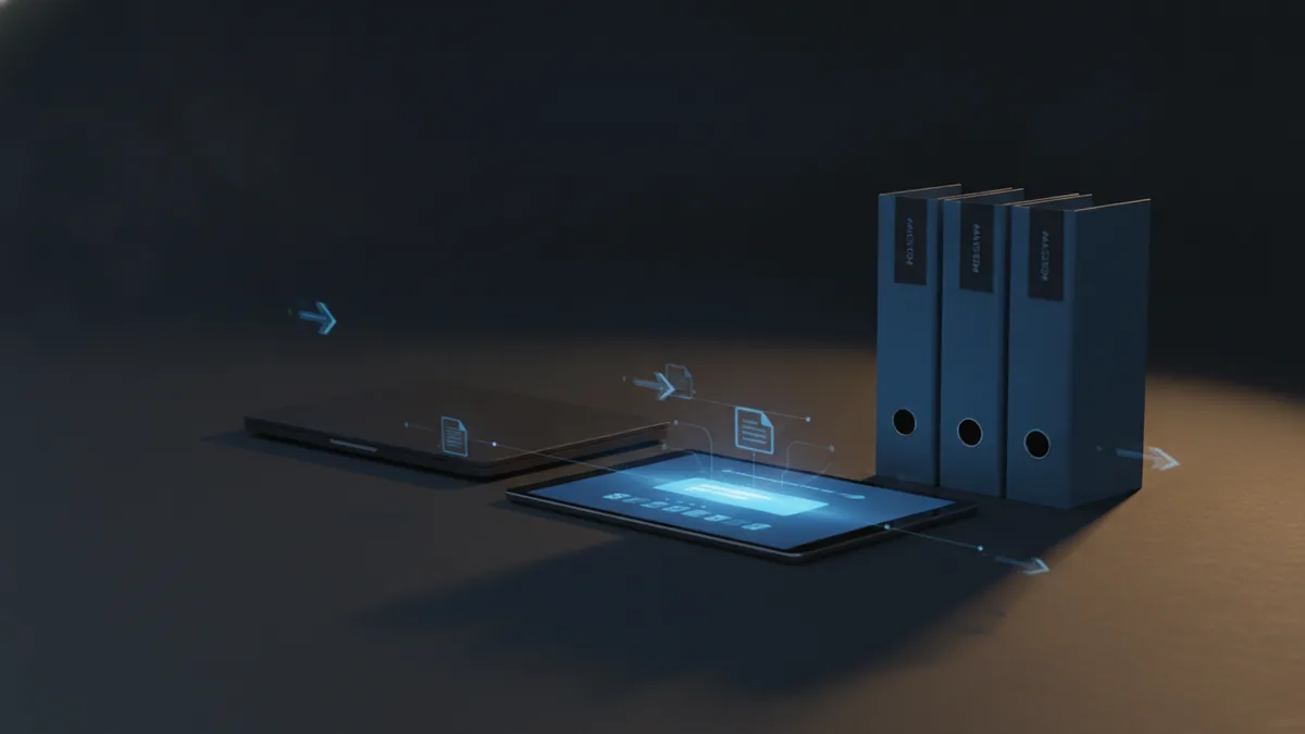 Laptop and tablet showing saved documents beside a secure home workspace