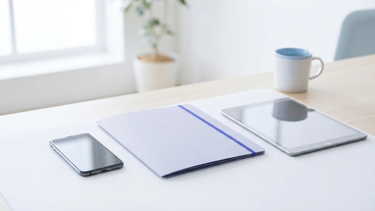 Smartphone and tablet arranged beside a folder for PDF access