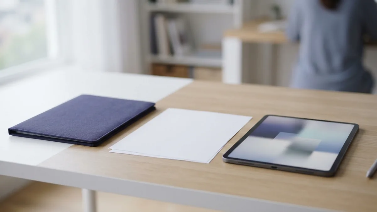 Keep signed PDF records together Blank documents and a tablet arranged to represent signed PDF records