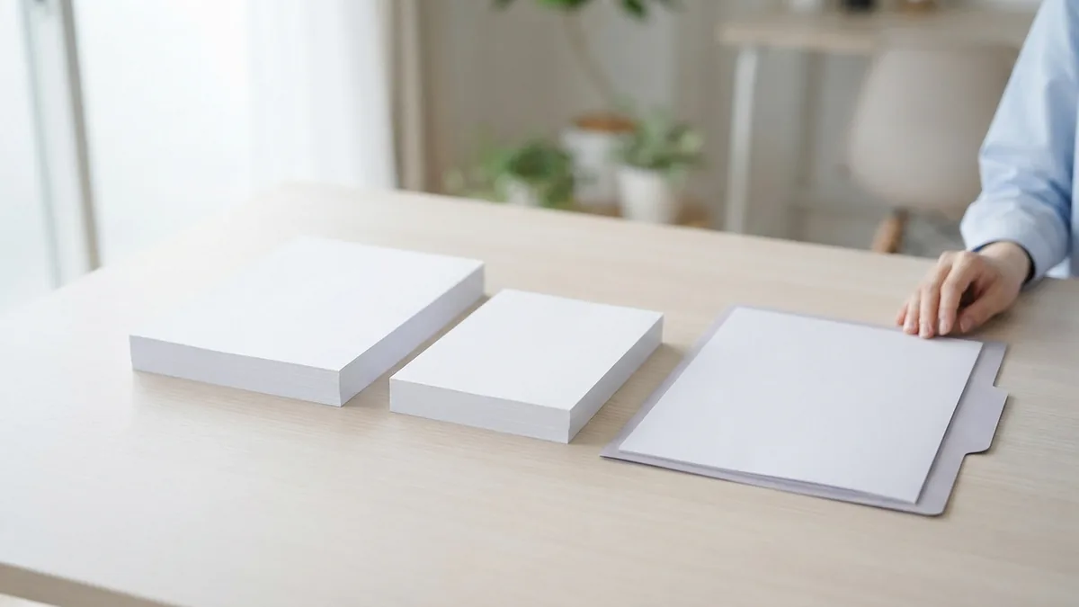 Separate blank document stacks beside a folder on a light desk