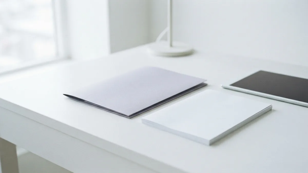 Blank report pages and a folder beside a tablet on a bright desk