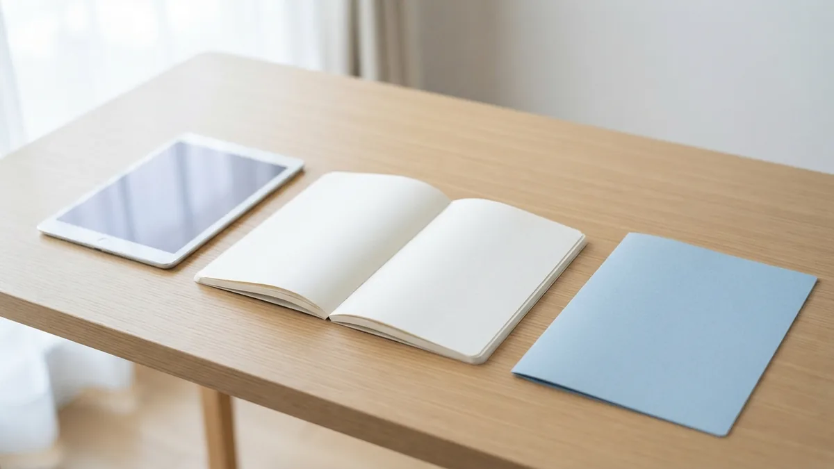 A simple study setup for citation examples Open blank notebook, tablet, and pale folder on a clean study desk