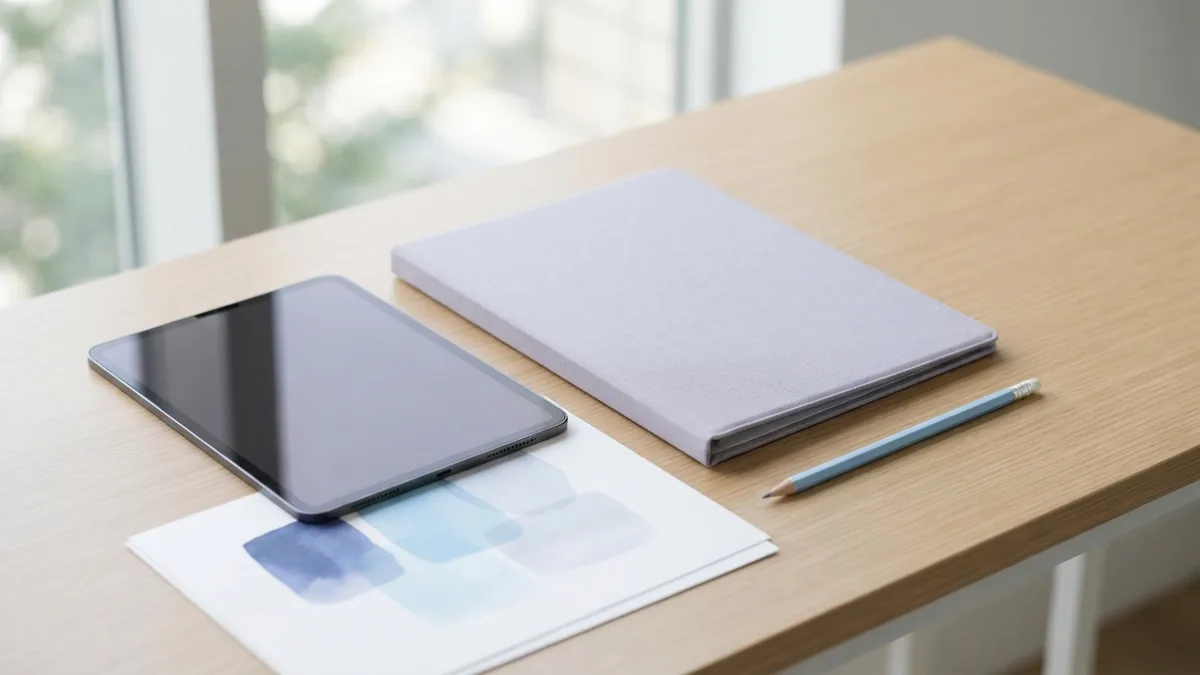 Desktop PDF markup tools Tablet and blank color-marked paper representing PDF markup on a computer