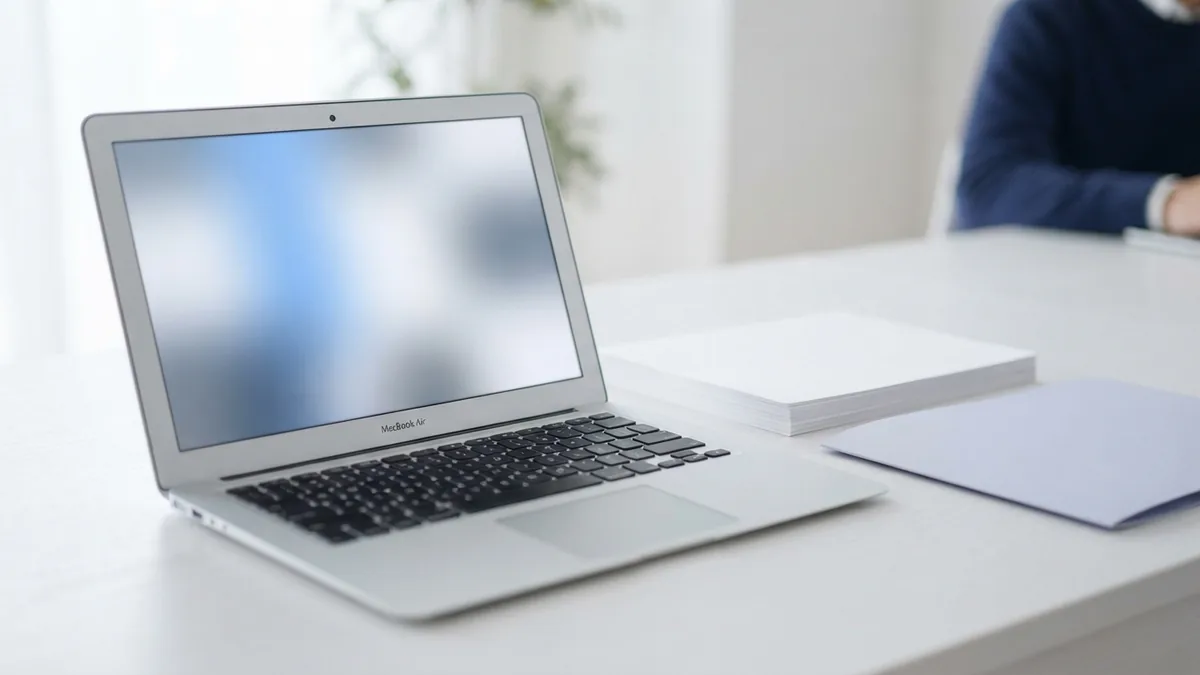 Combining several PDFs into one file Laptop, blank paper stack, and blue folder representing a PDF merge workflow