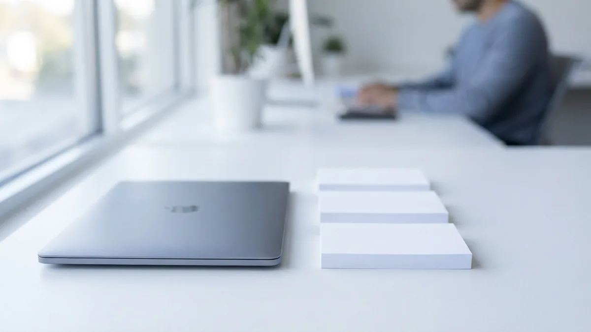 Several blank paper stacks beside a laptop for a batch PDF workflow
