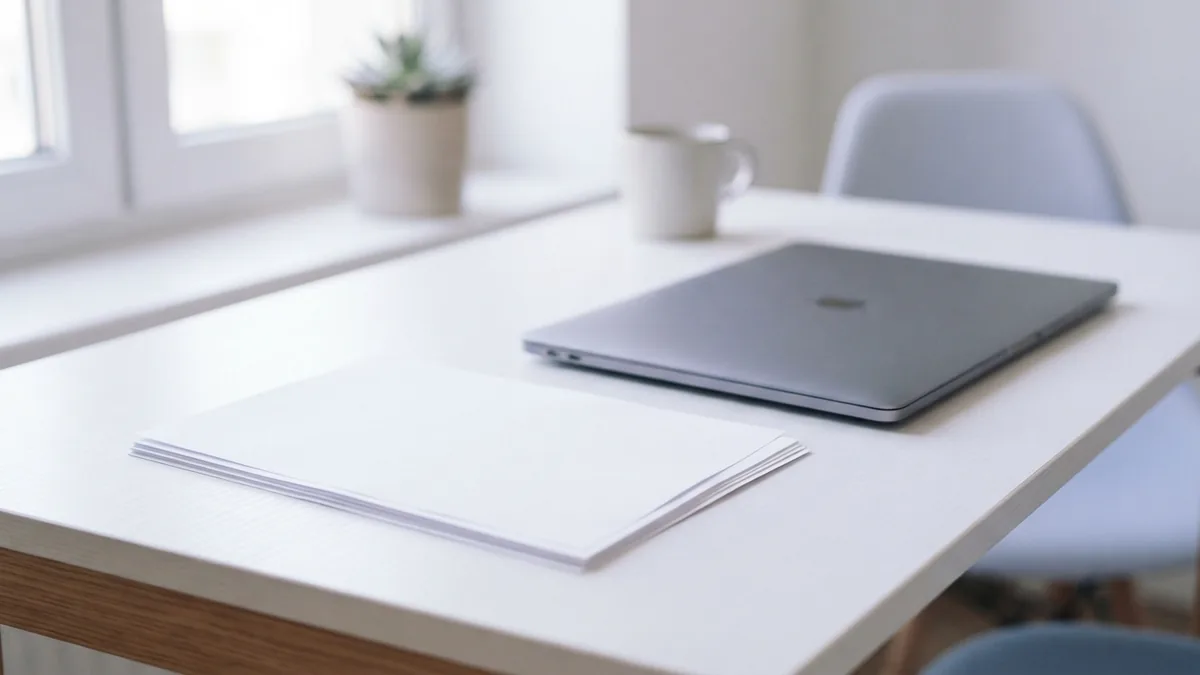 Keep document review careful and private Closed laptop and blank papers arranged for a safe PDF document review