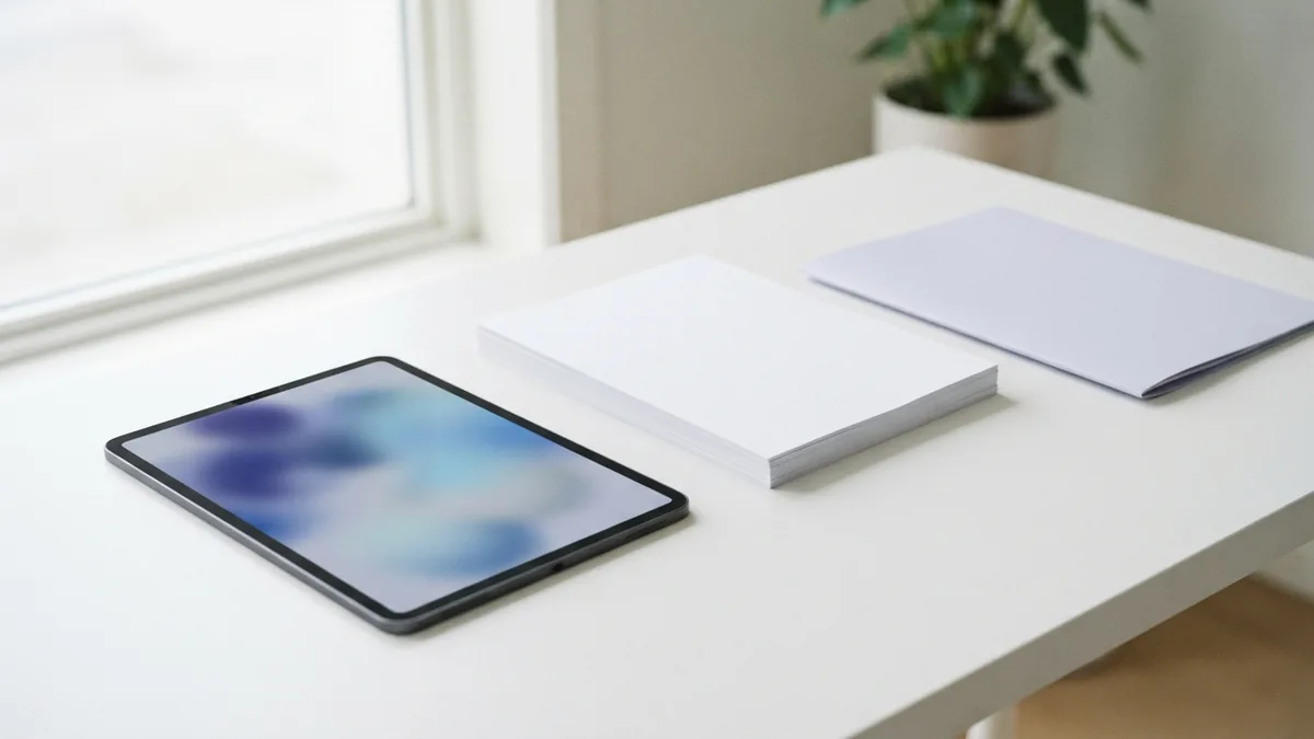 A simple setup for online PDF work Tablet and blank paper sheets arranged for an online PDF task