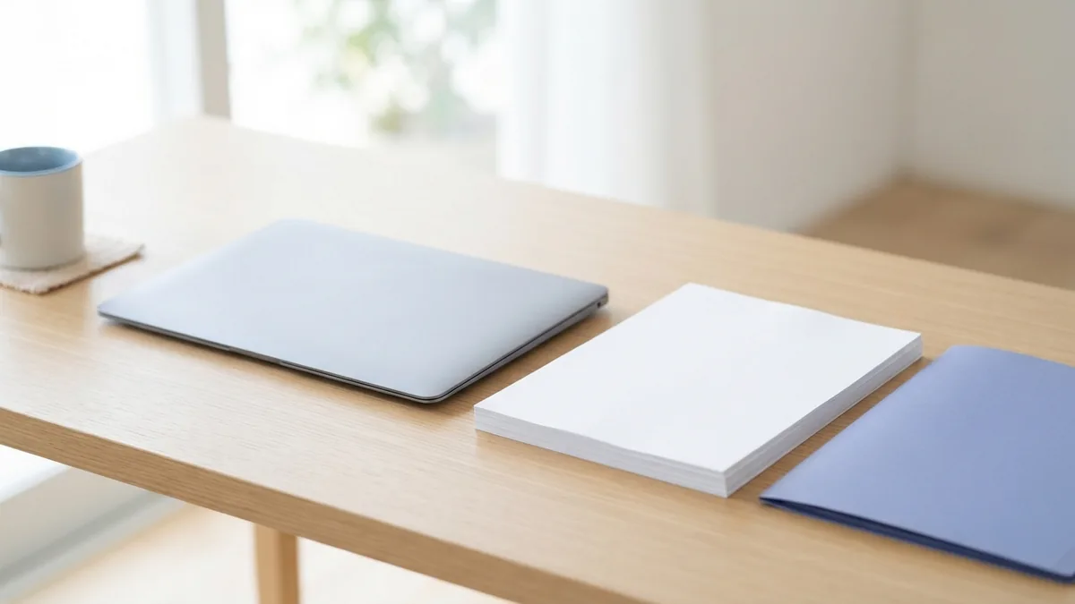 A quiet desk for offline PDF tasks Laptop and blank documents on a neat desk for offline PDF work