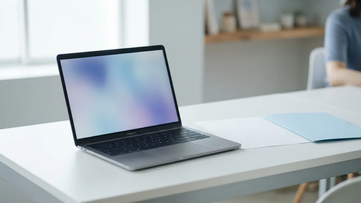 A simple setup for online PDF work Laptop and blank papers on a bright desk for an online PDF task