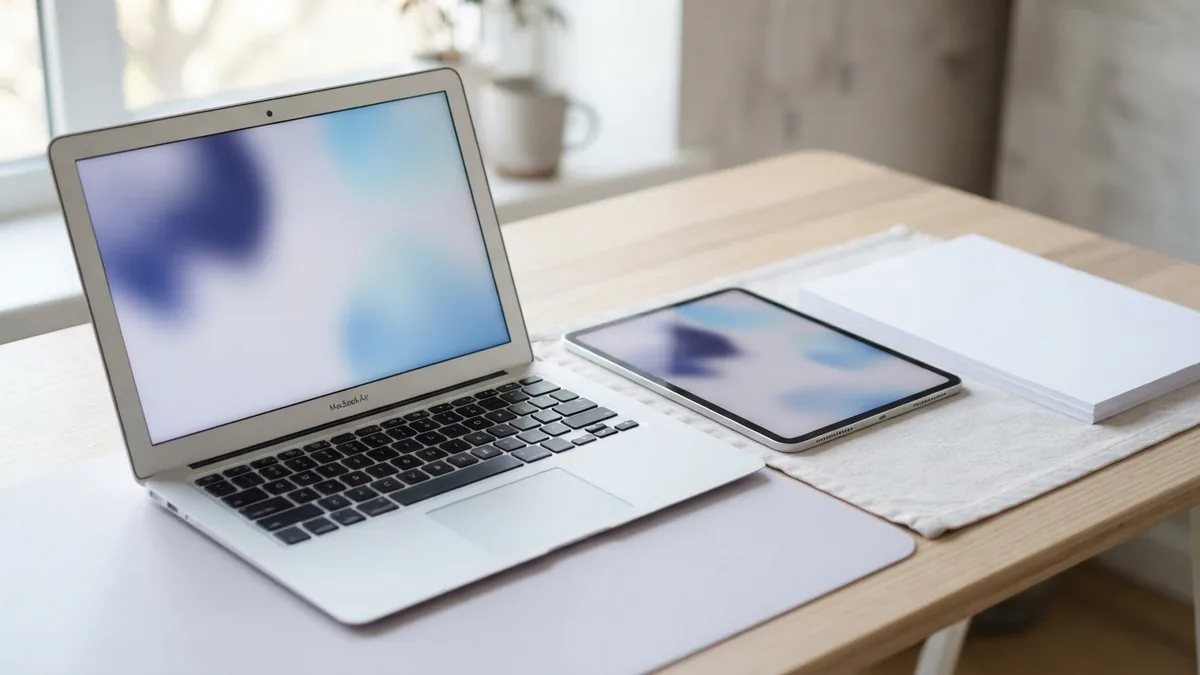 Desktop devices for PDF compression Laptop, tablet, and blank pages arranged for desktop PDF file work