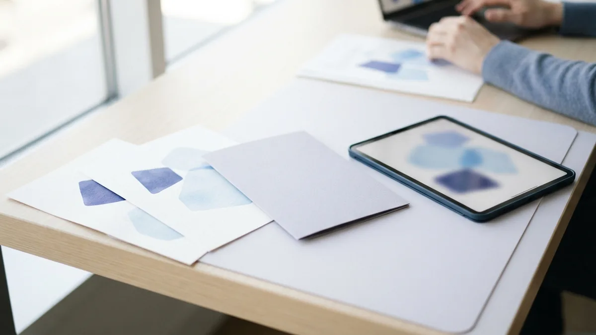 Check document detail after compression Blank sheets and tablet arranged for checking PDF image clarity
