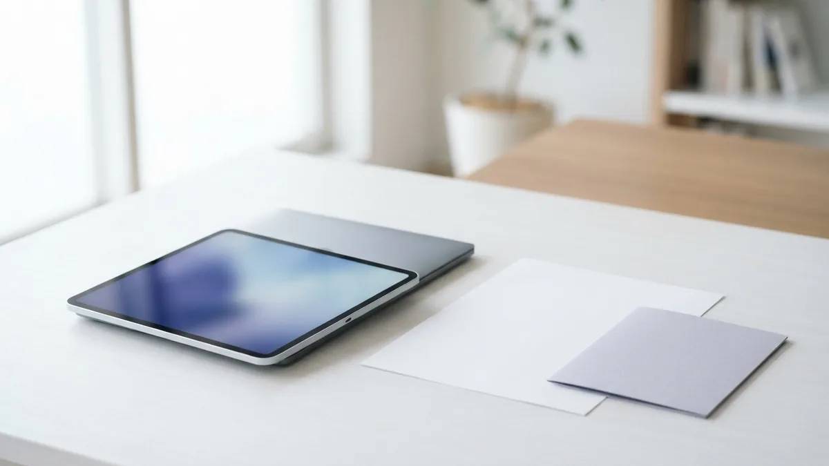 Online PDF conversion setup Tablet, laptop, and blank papers arranged for online PDF conversion