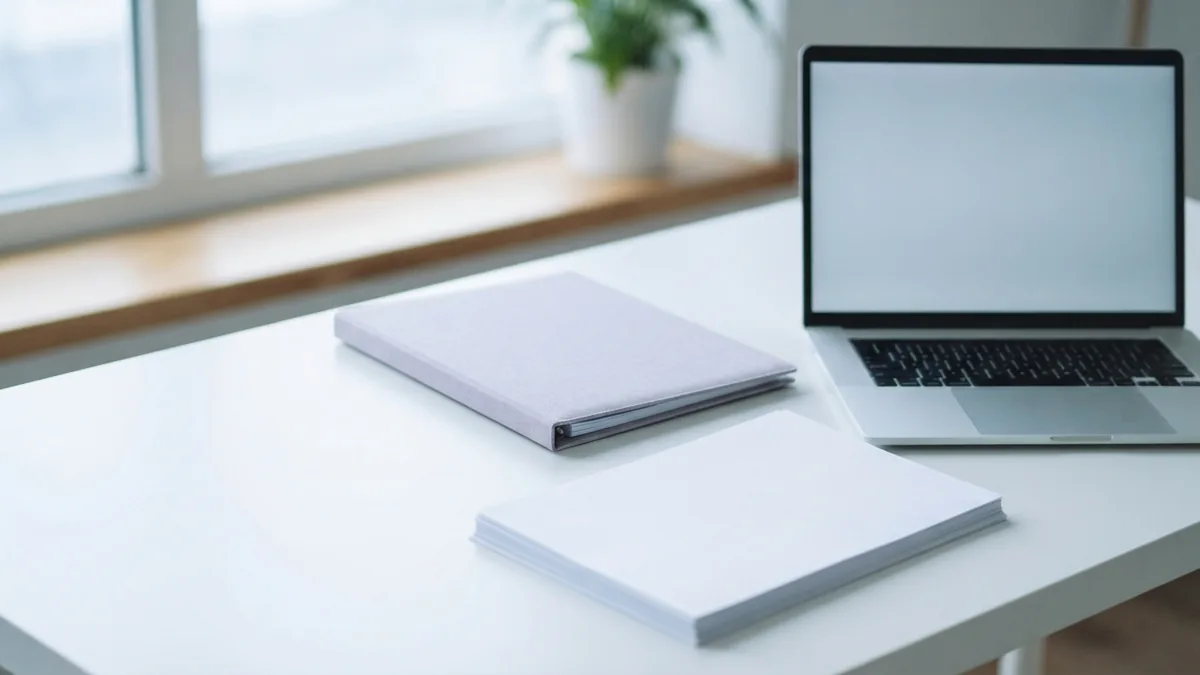Laptop and blank file papers arranged for solving PDF conversion problems