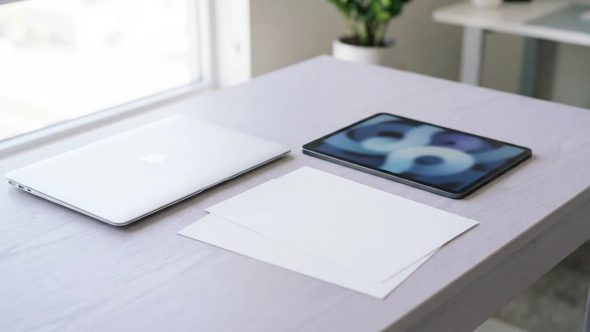 Laptop and tablet beside blank paper sheets for editable document work