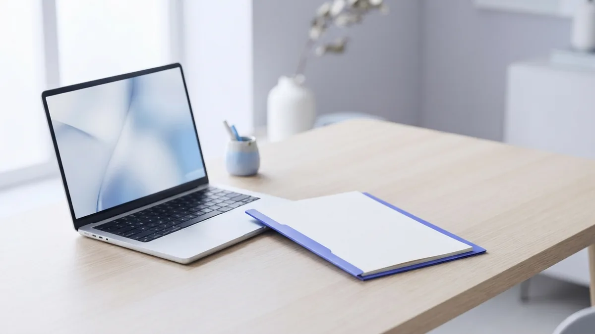 Online file conversion desk Laptop beside blank documents and folder during an online file conversion task
