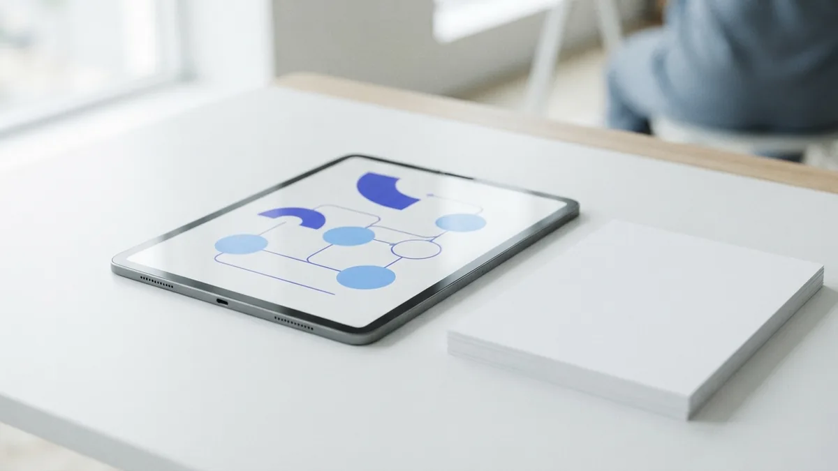 Tablet with an abstract image shape beside blank paper on a bright desk