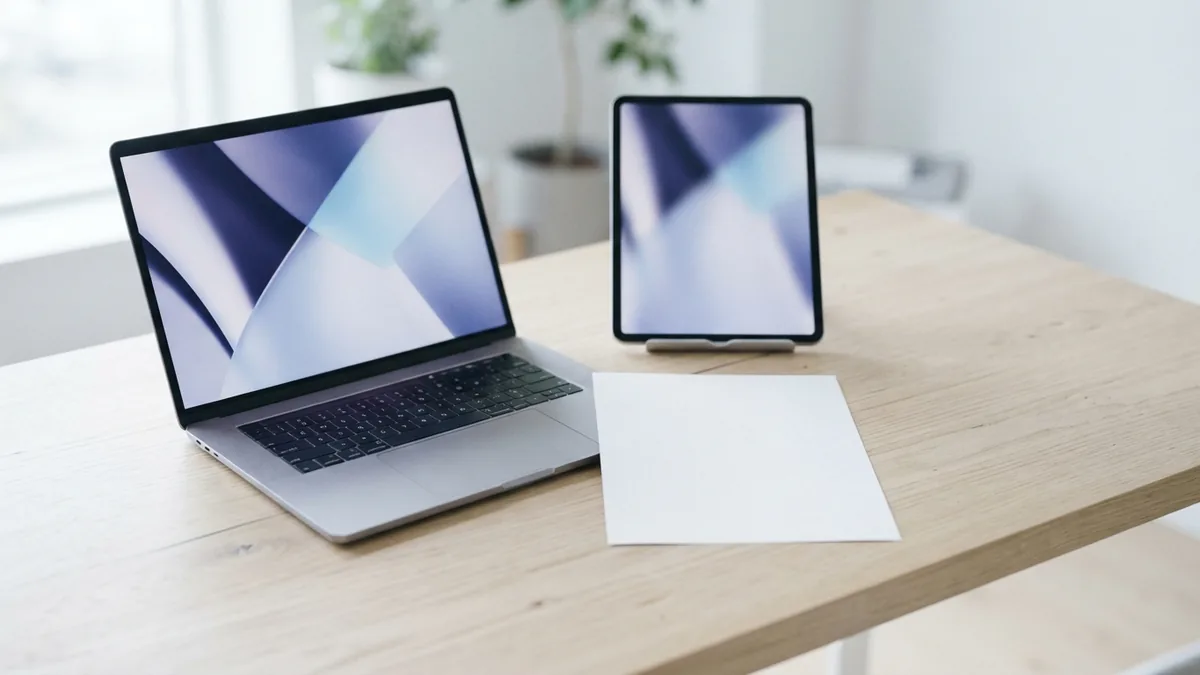 Moving images into other documents Laptop and tablet beside blank paper, representing image transfer between documents